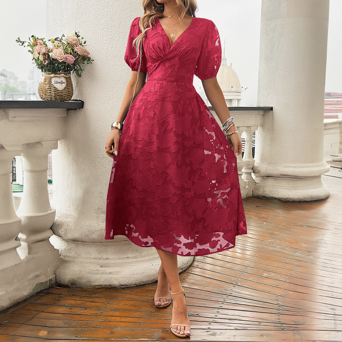 V-hals Højtaljet Vintage Elegant Kjole