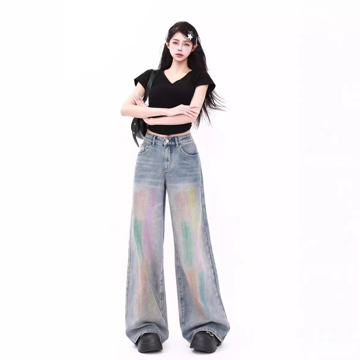Colorful Fashion Casual Retro High Waist Loose Wide Legs Jeans