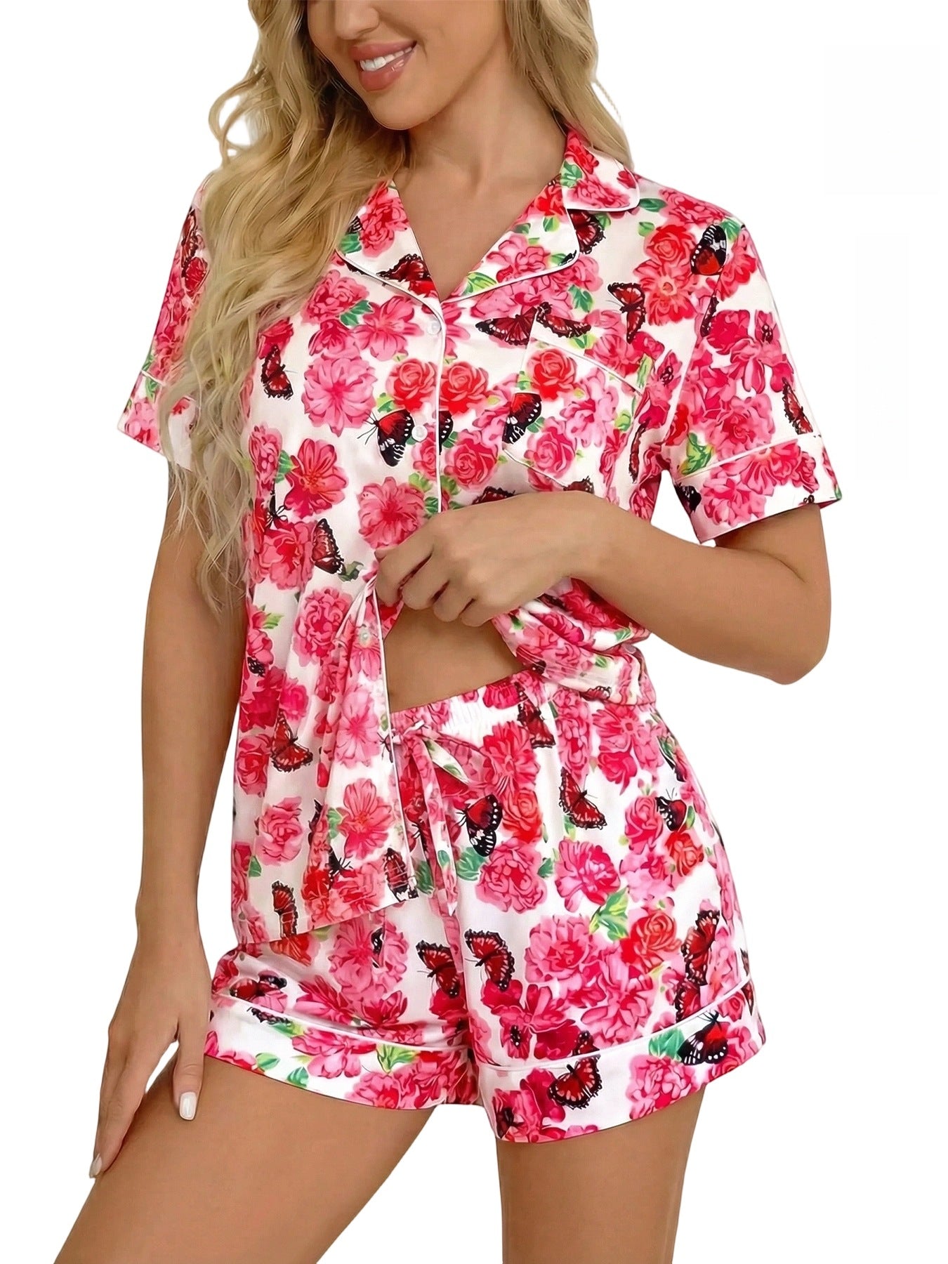 Digital-print Short-sleeve Top And Shorts Two-piece Set