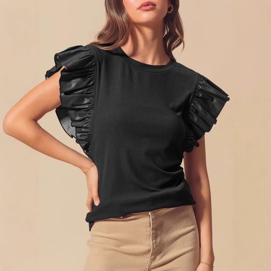 Pullover Women's Mesh Stitching Ruffle Cotton Short Sleeve Solid Color T-shirt