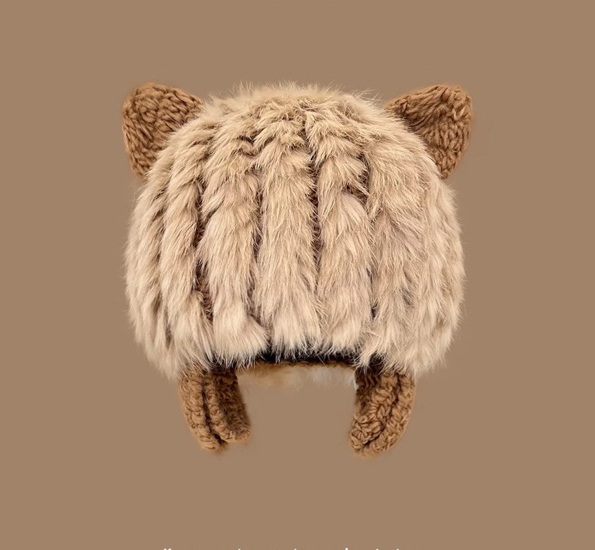 Japanese Cute Cat Ears Plush Rabbit Fur Knitted Sleeve Cap Female