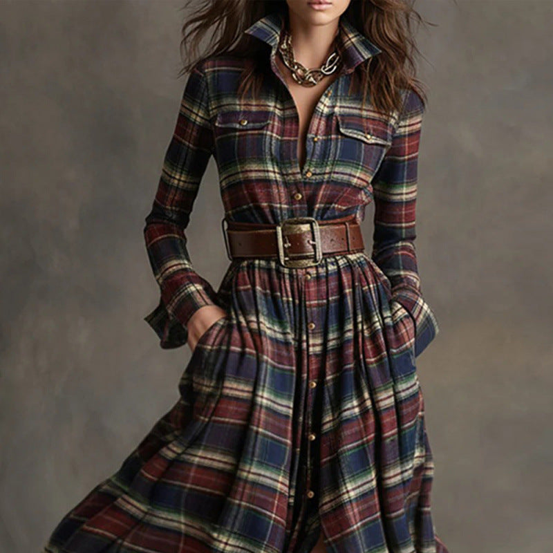 Women's Retro Long-sleeve Shirt Dress