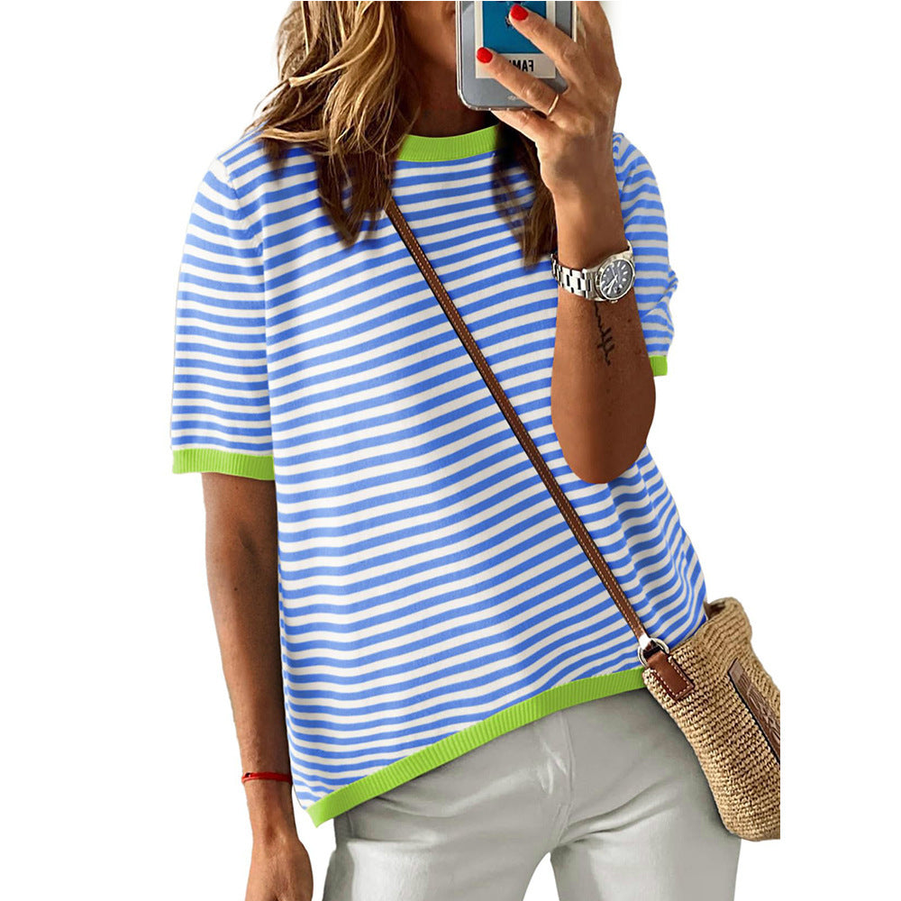 Women's Round Neck Striped Contrast Color Short Sleeve Casual