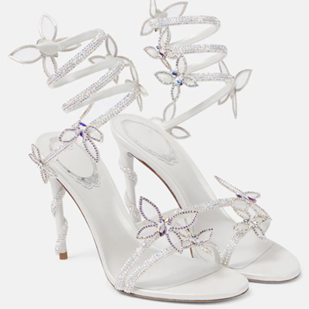 Snake Butterfly Rhinestone Flower Stiletto Heel Roman Sandals