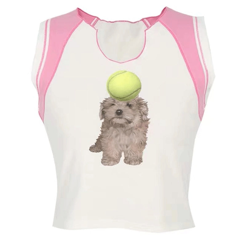Retro Dog Print Contrast Color Vest