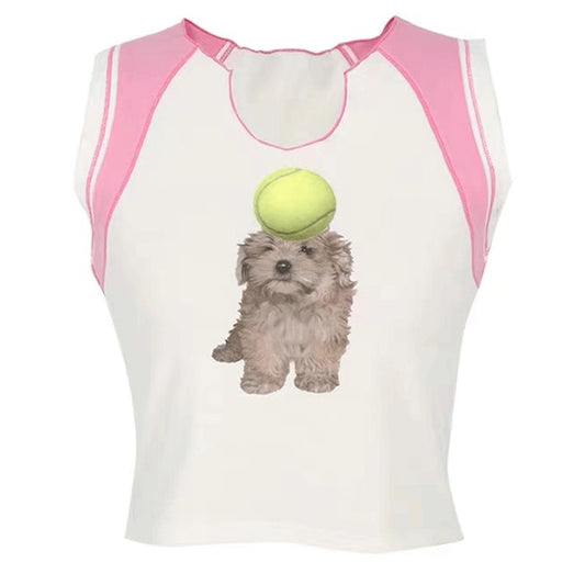 Retro Dog Print Contrast Color Vest