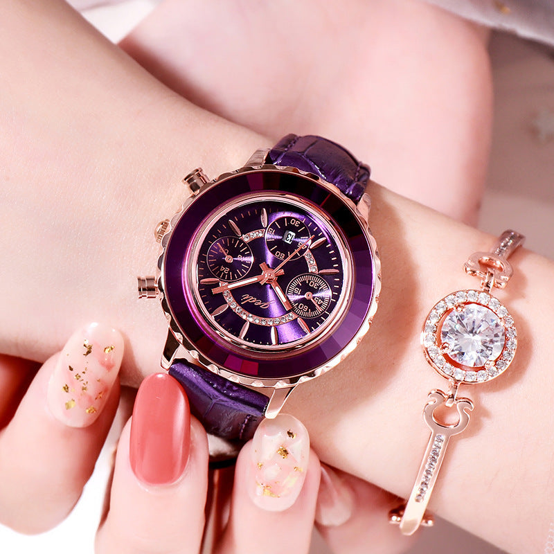 Green Leather Strap Ladies Belt Calendar Watch