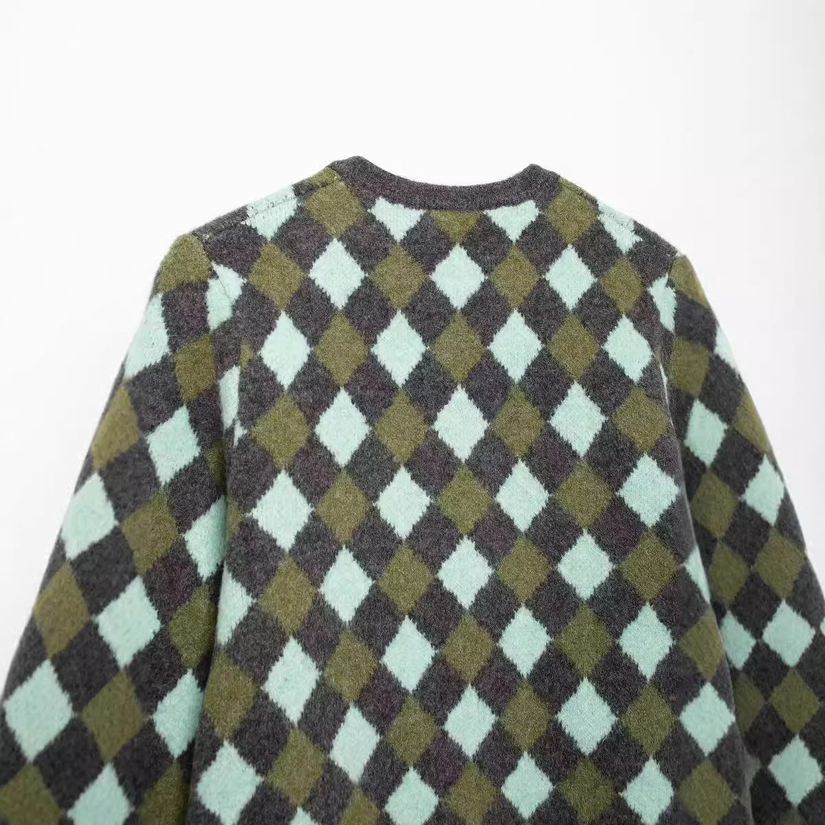 Diamond Pattern Jacquard Round Neck Knitted Cardigan Jacket