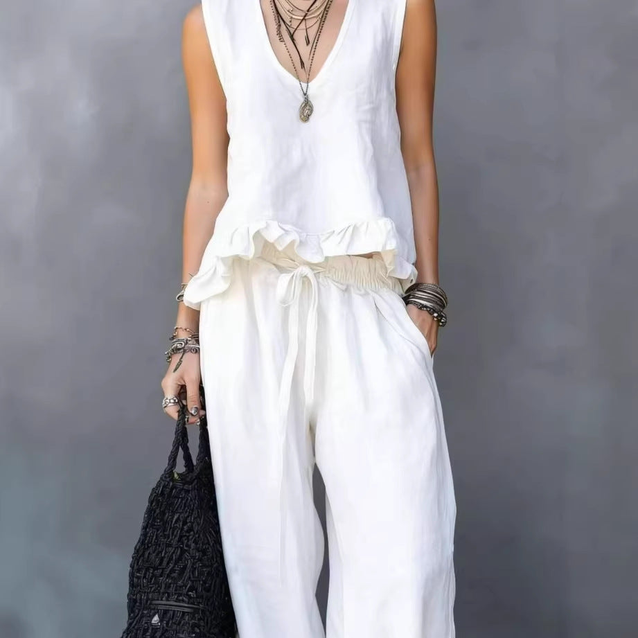 V-neck Sleeveless Ruffled Hem Dark Gray Casual Set