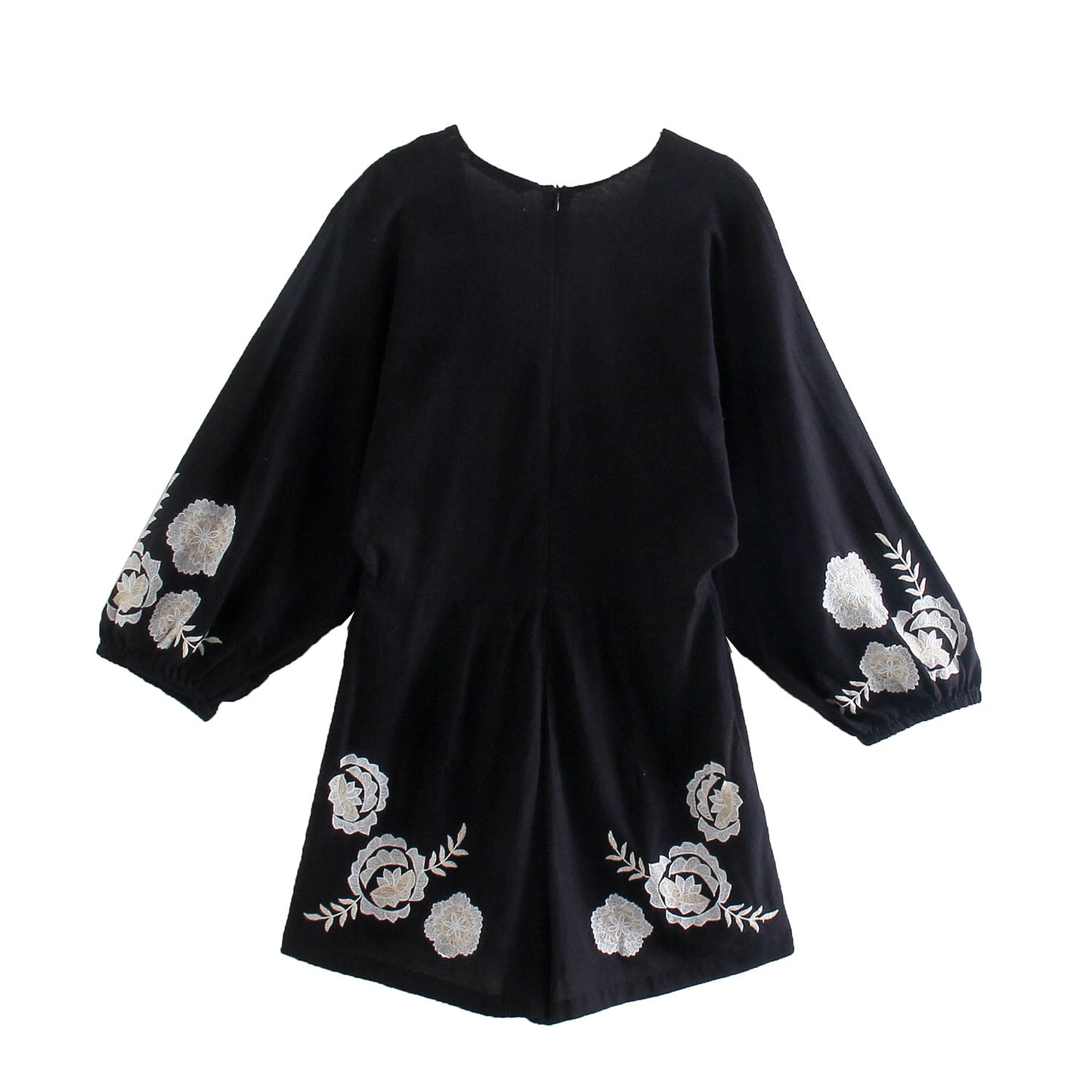 Embroidered V-Neck Puff-Sleeve Linen Jumpsuit
