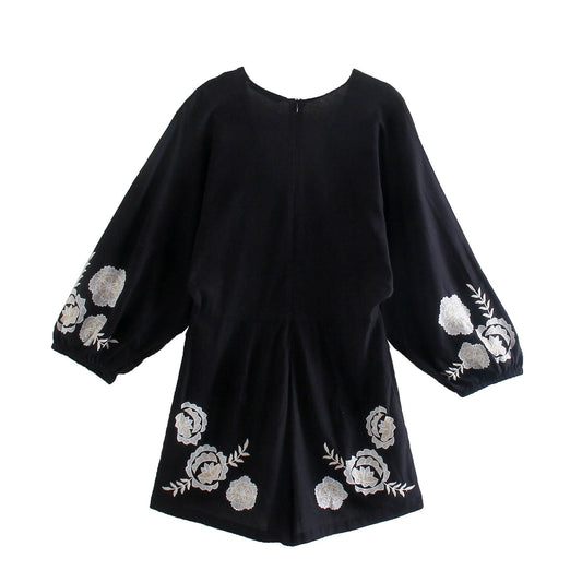 Embroidered V-Neck Puff-Sleeve Linen Jumpsuit
