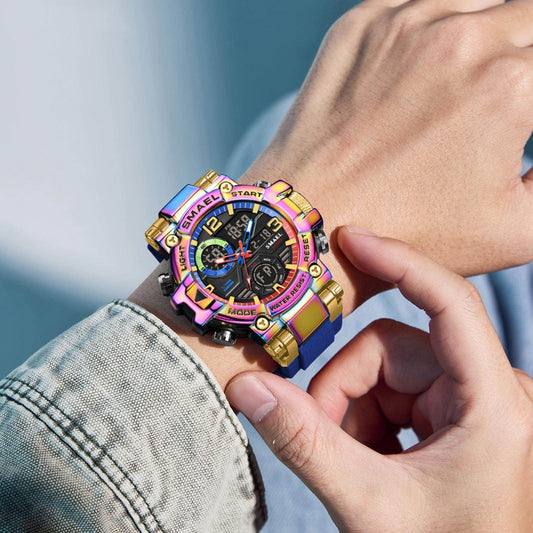 Mens Alloy Multicolor Multi-Function Dual-Display Sports Watch