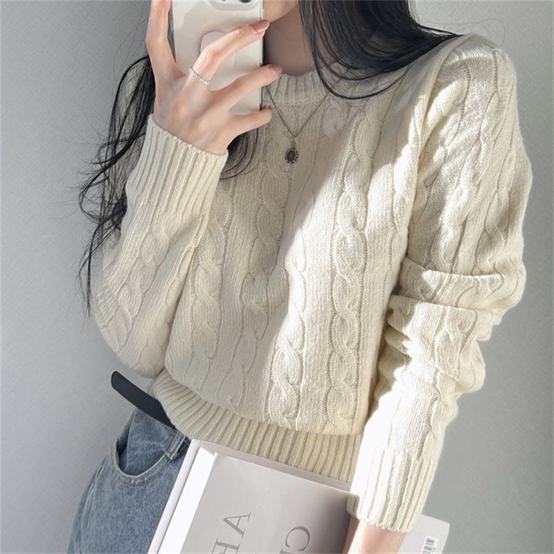 Japanese Sweater Preppy Style Short Cable-knit Sweater Round Neck Long Sleeve