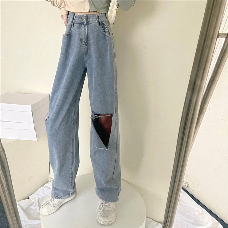 Ripped Jeans med Lige Pasform, Høj Talje og Løs Pasform, Flatterende