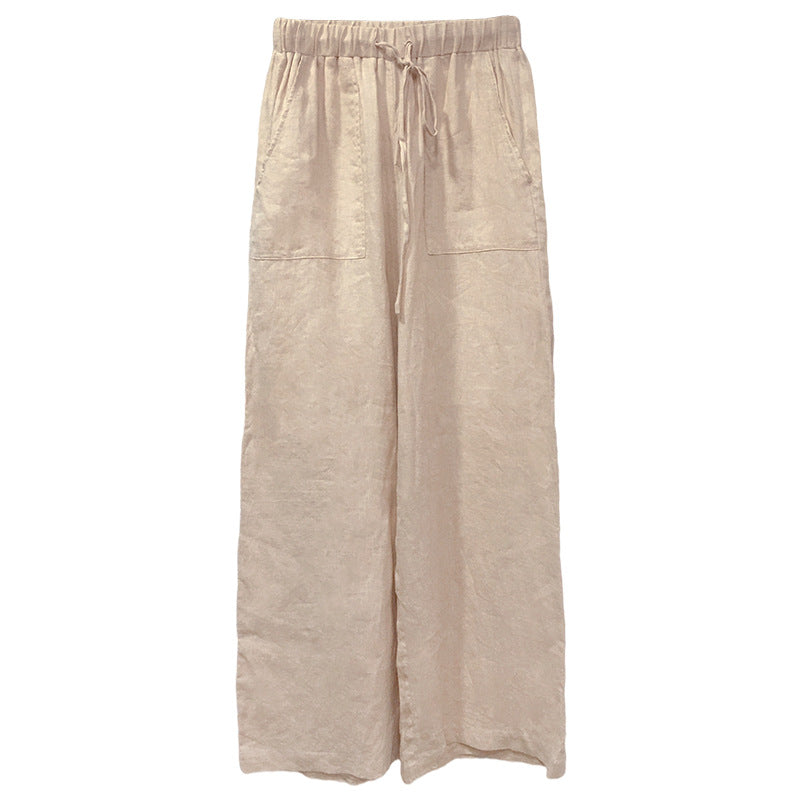 Pure Linen Lace-up Straight-leg Pants Women's Plus Size Loose Casual Trousers
