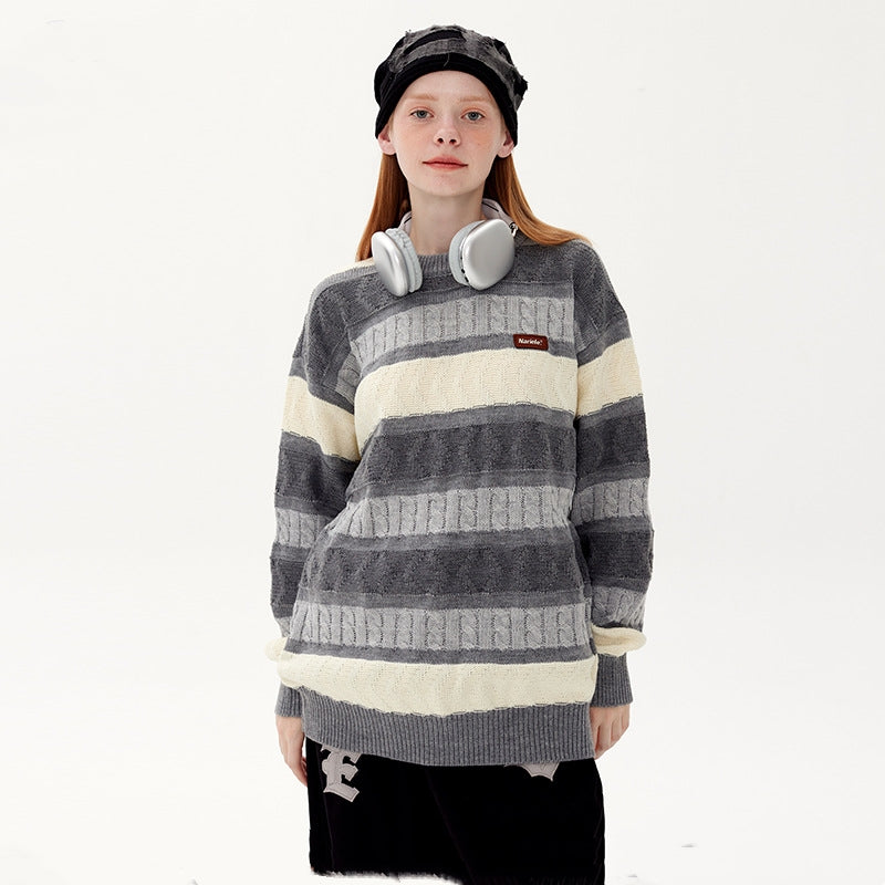 Japanese-style Retro Jacquard Contrast Color Striped Sweater