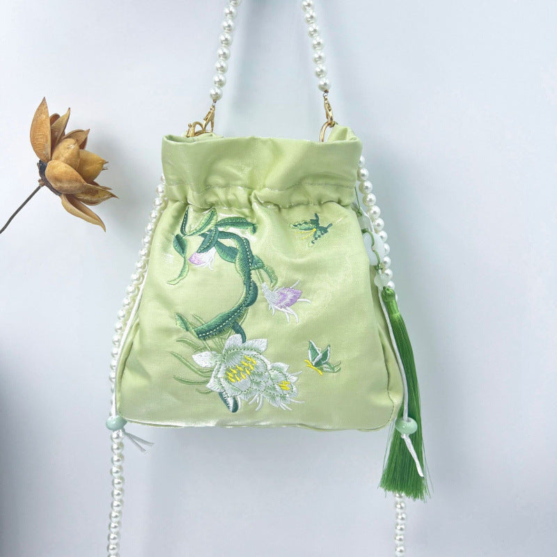 Women's Creative Printing Suzhou Embroidery Pearl Chain Handbag