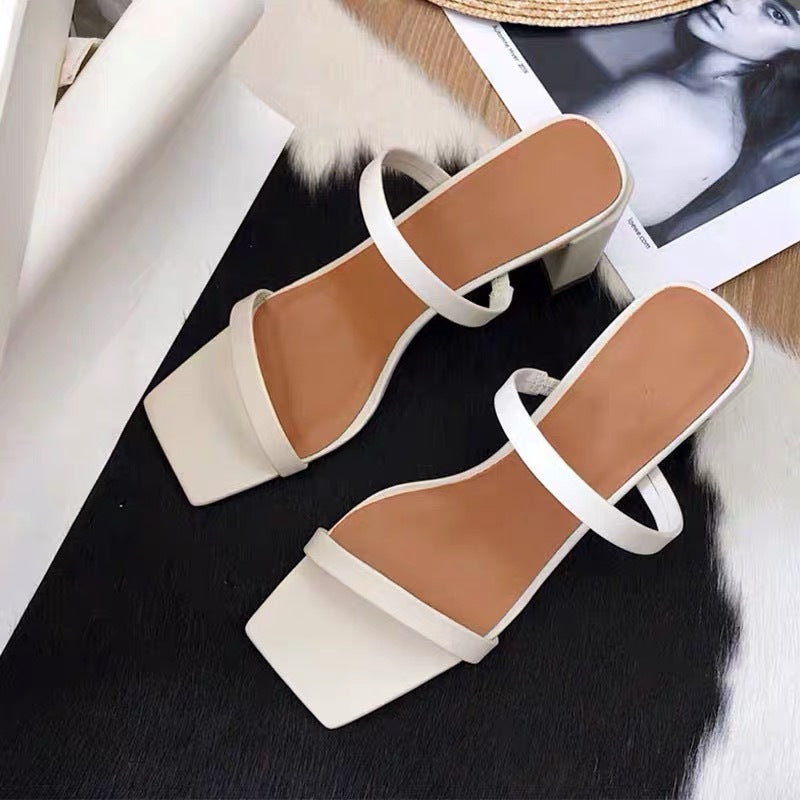 One Word Belt High Heels Square Toe Thick Heel Sandals For Outer Wear