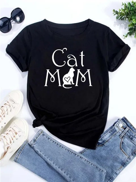 Womens Heart-Shaped Cat Crew-Neck Printed Short-Sleeve Top