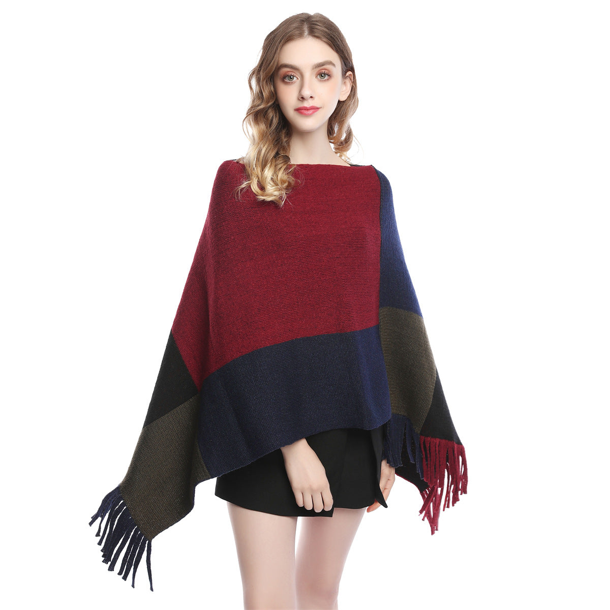 Fashion Women's Wear Color Contrast Patchwork Shawl Cape Knitted