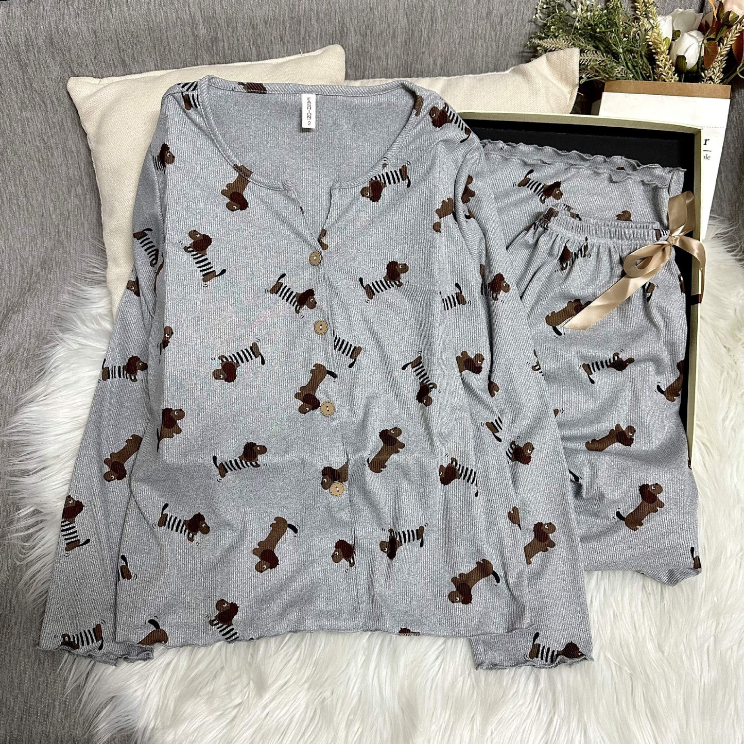 Womens Lightweight Autumn V-neck Ribbed Pajamas