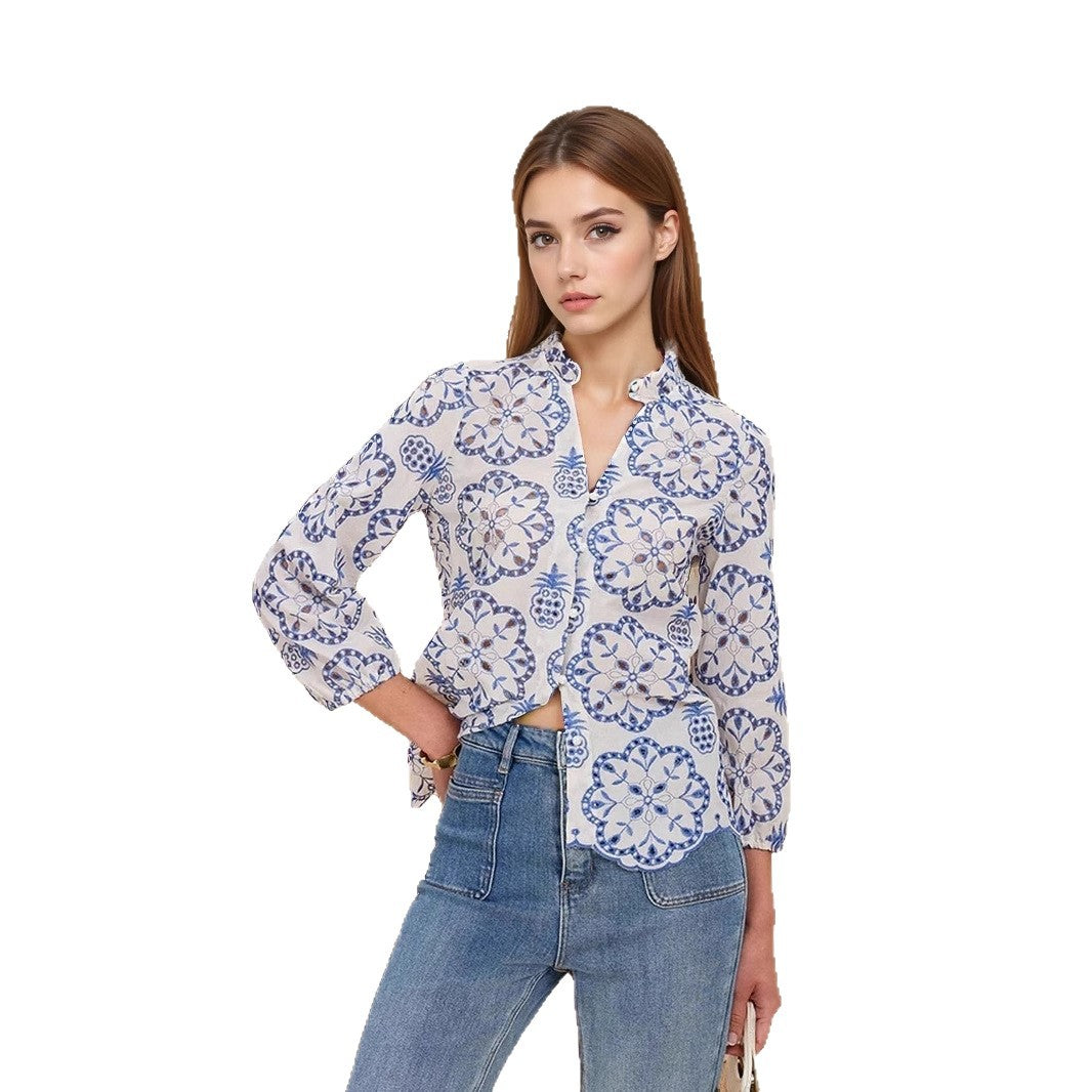 Patterned Stand-up Collar Button-up Top Casual Shirt