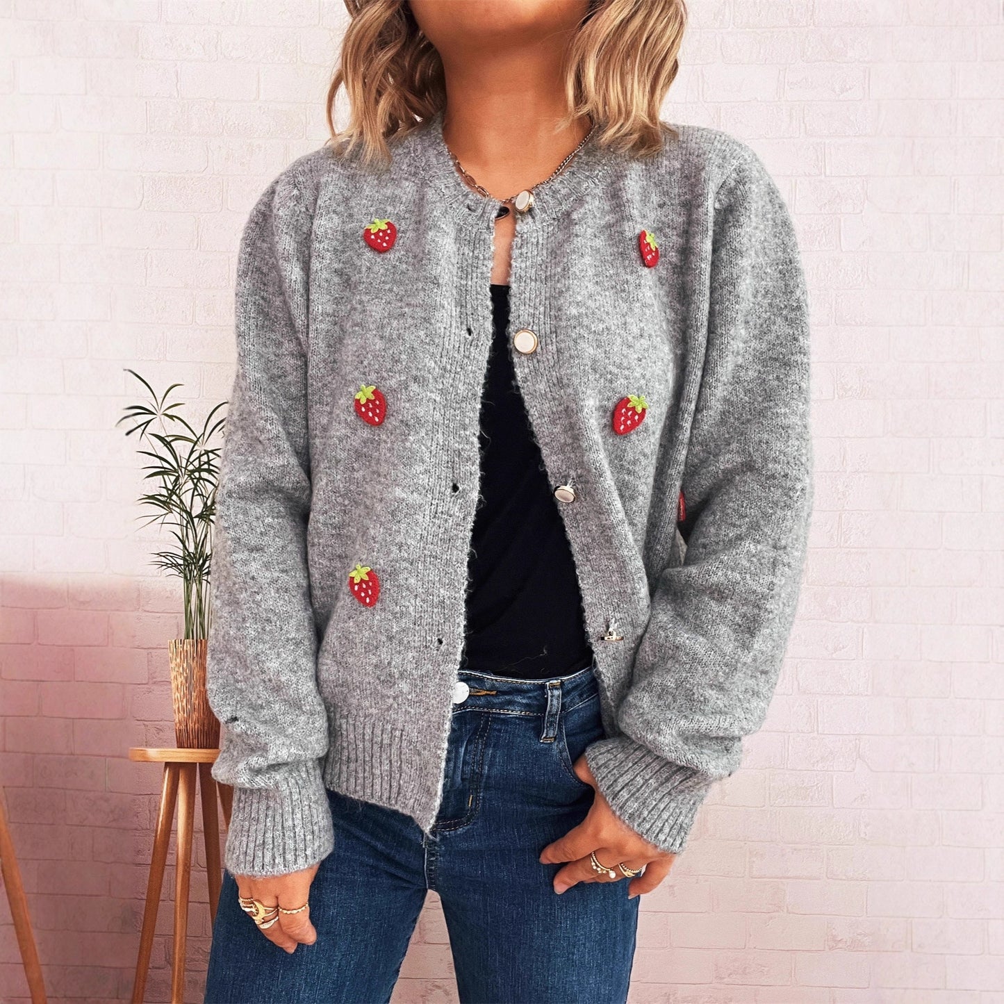 Cute Strawberry Jacquard Knitted Cardigan Round Neck Long Sleeve Sweater