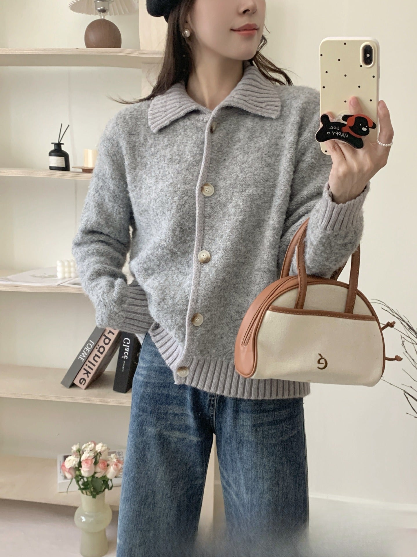 Laid-back Flattering Stitching Lapel Knitted Sweater
