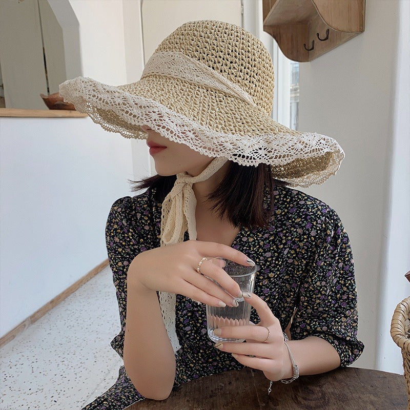 Handmade Lace Lace Hollow Small Windproof Rope Crochet Straw Hat