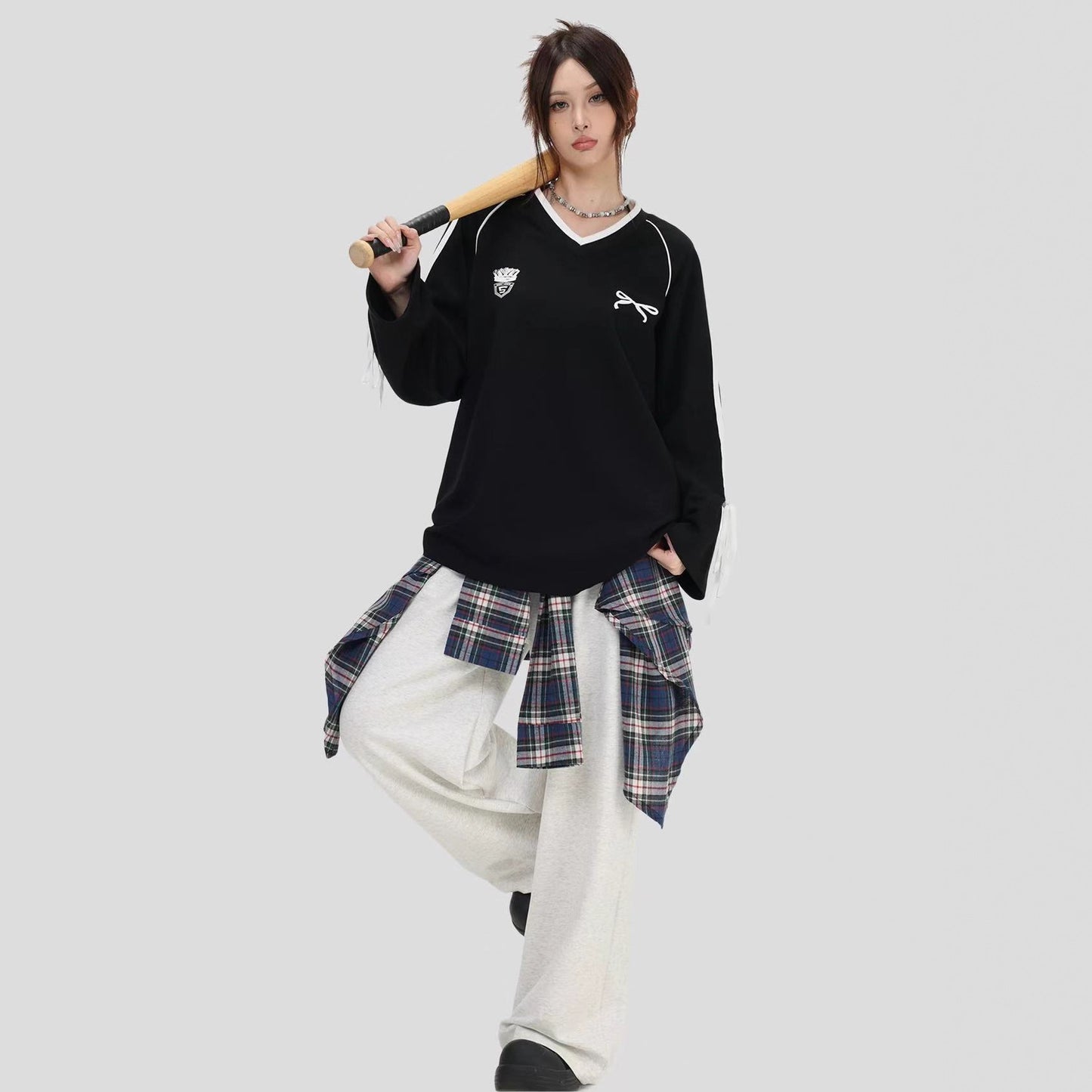 V-neck Tie Butterfly Long Sleeve Loose Sports Jersey Style T-shirt