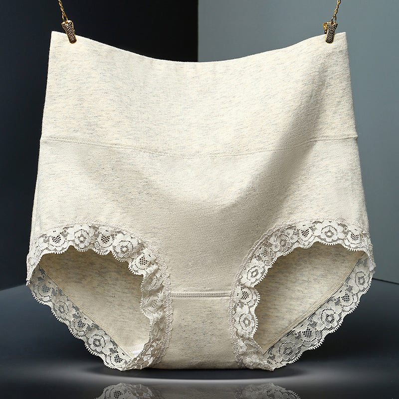 Solid Color Lace Trim Pure Cotton High Waist Briefs