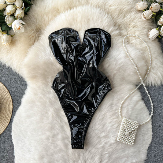 Spring And Autumn New V-neck PU Leather High Fork Jumpsuit For Women