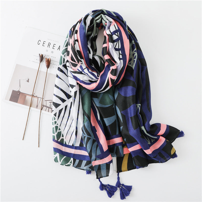 Leaf Painted Cotton And Linen Scarf Dual-use Sunscreen