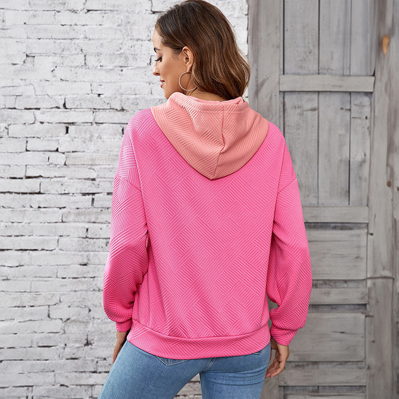 Winter Contrast Color Patchwork Hoodie Women's Loose Shoulder Pullover Top