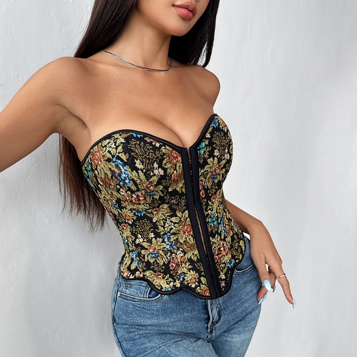 Womens Retro Jacquard Fishbone-Structured Back-Closure Lace-Up Asymmetrical Sexy Tube Top