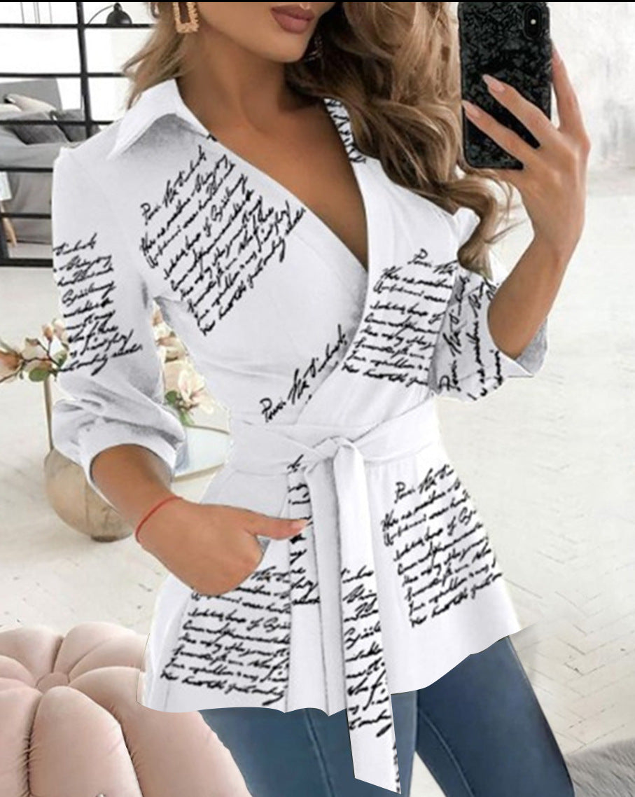 Printed Long Sleeve V-neck Belt Shirt