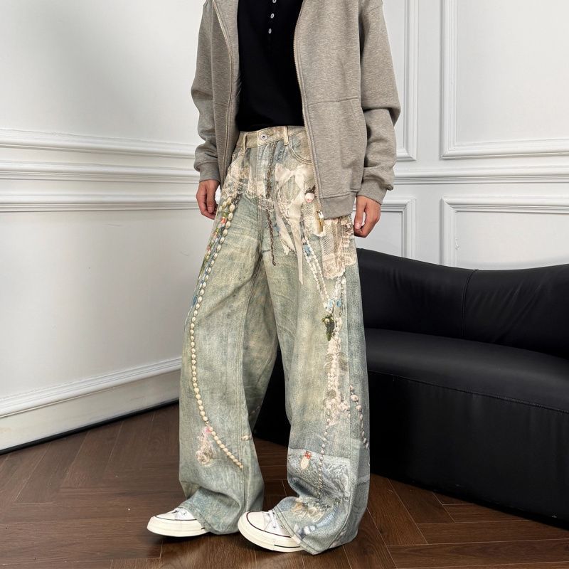 Pearl Lace Jeans Street Straight Loose Casual