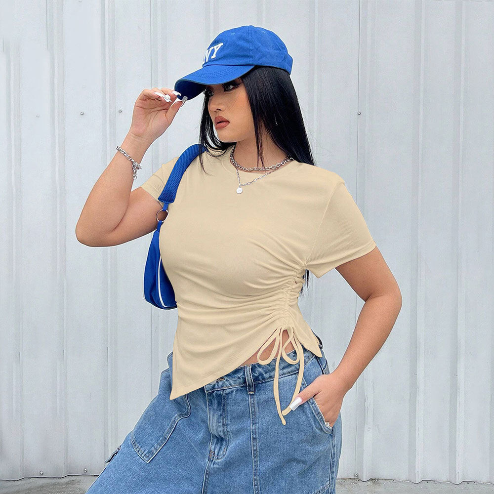 Simple Style Round Neck T-shirt Slim Fit Solid Color Top