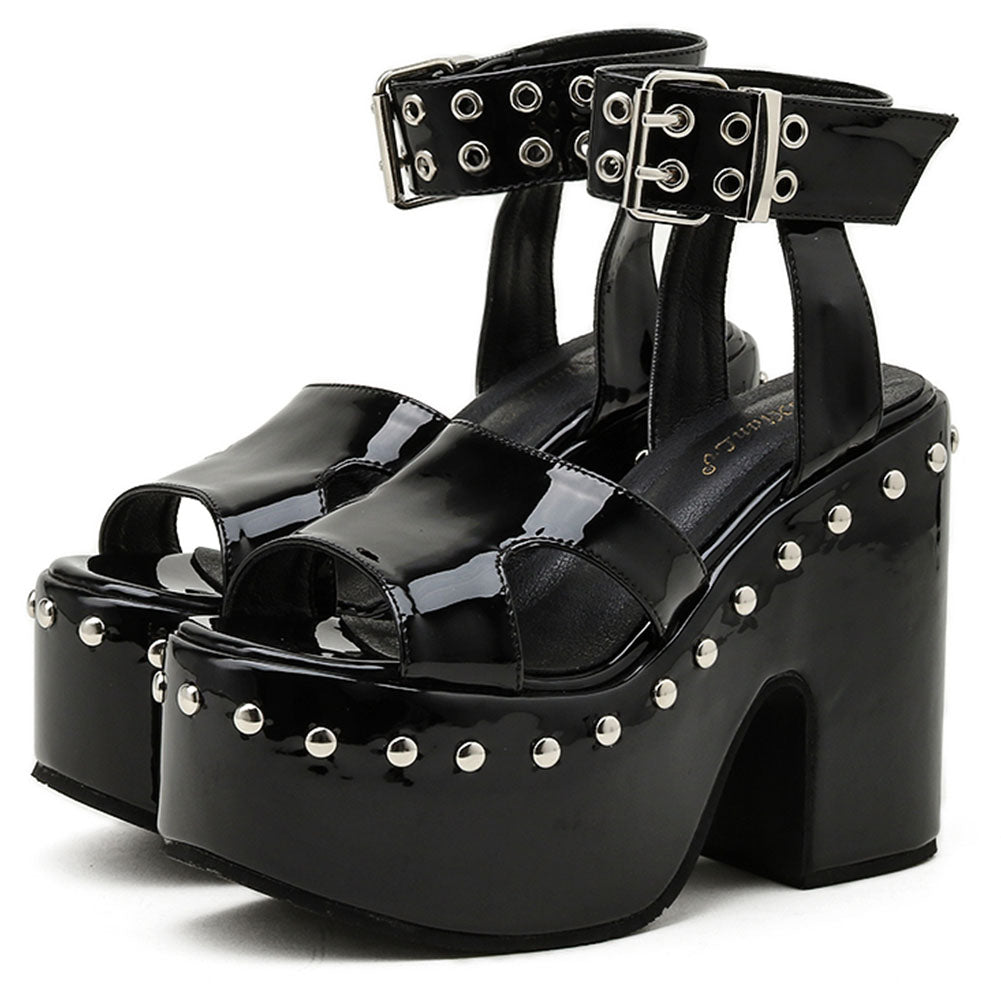 Block-heel Platform Patent Leather Rivet Fish Mouth Sandals