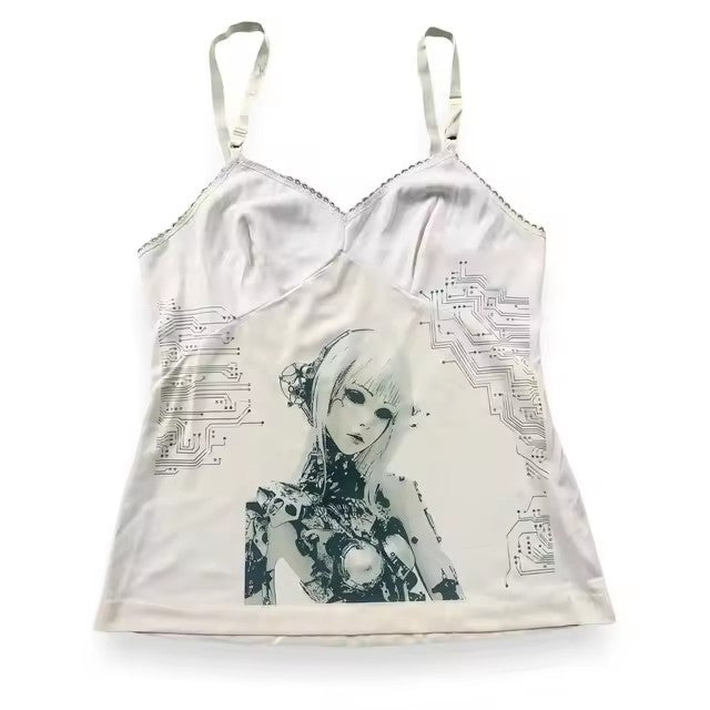Bow Lace Trim Printed Sleeveless Tank Top