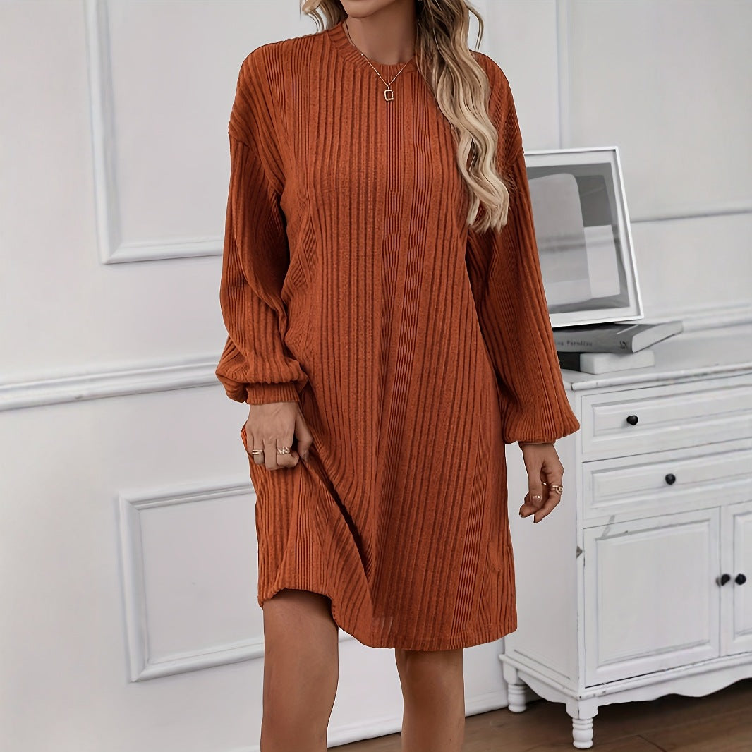 New European And American-style Loose-fitting Round-neck Long-sleeve Knit Dress For Women