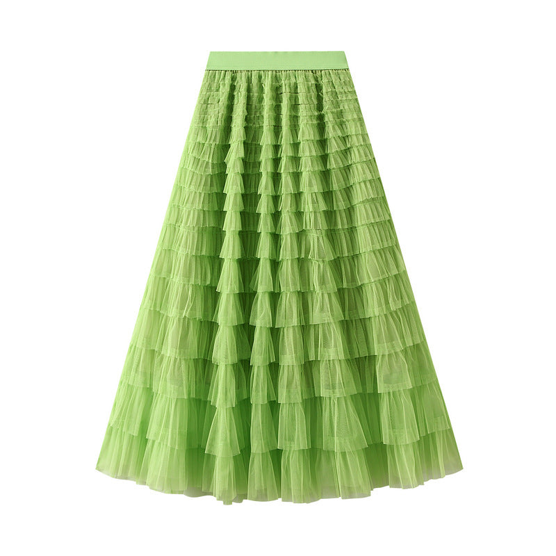 Line Mesh Ruffle Skirt Women's Temperament Sweet Long Skirt Slim Cupcake Dress Womens Clothing