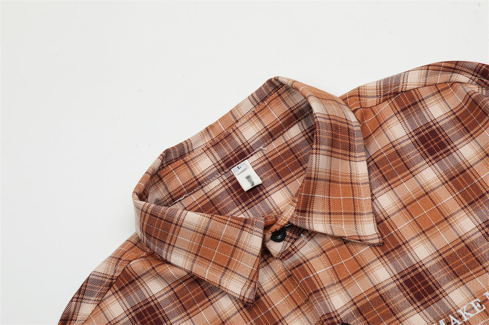 Japanese Retro Plaid Long Sleeve Shirt Men's American Street Fashion