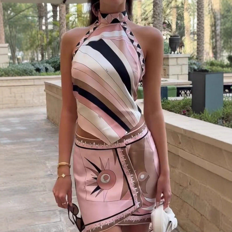Printed Satin Top And Skirt Two-piece Set