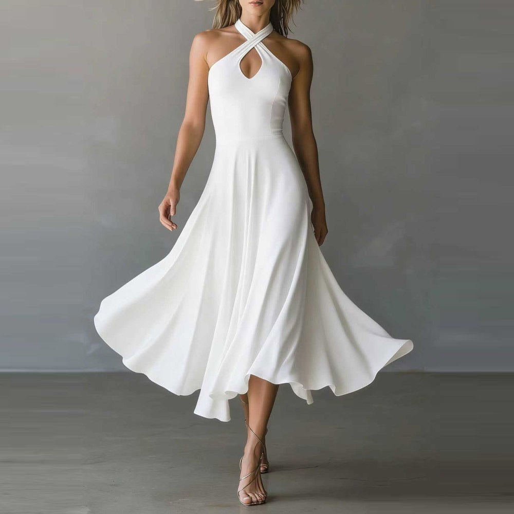 Womens Retro Elegant High-Neck A-Line Long Dress