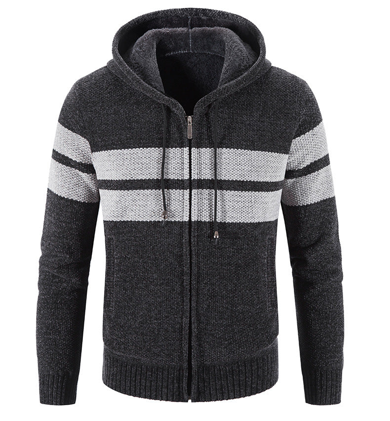 Hooded Striped Color-blocking Casual Plus Velvet Cardigan