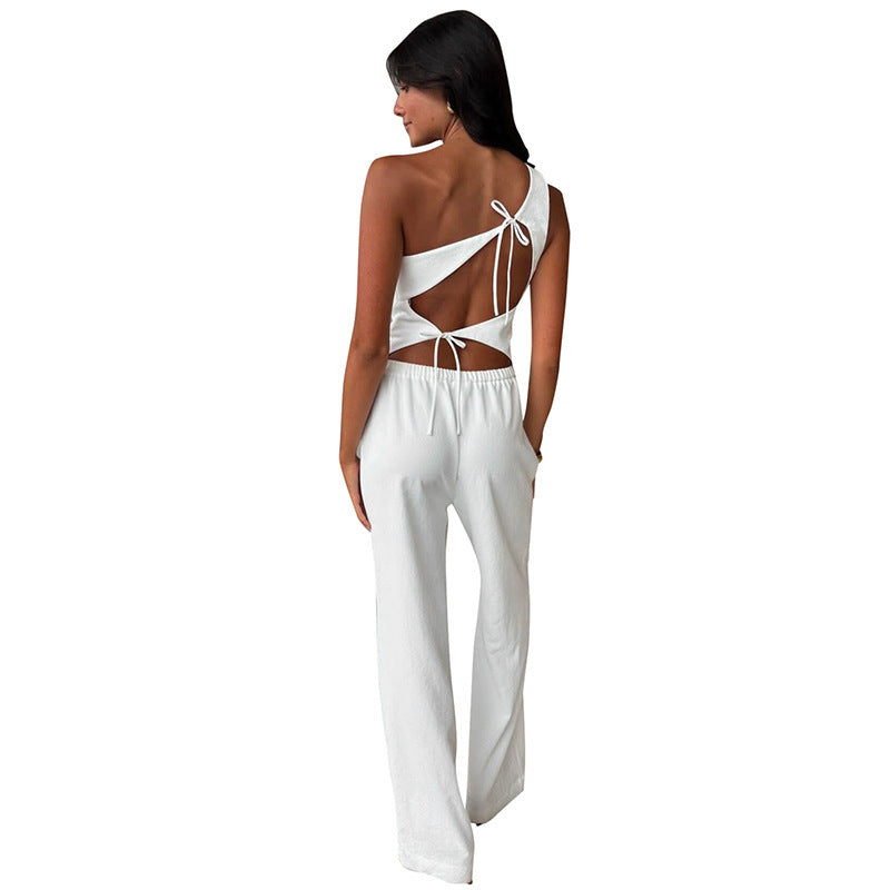Solid-color Sleeveless Off-shoulder Back-cutout Lace-up Tank Top And Pants Set