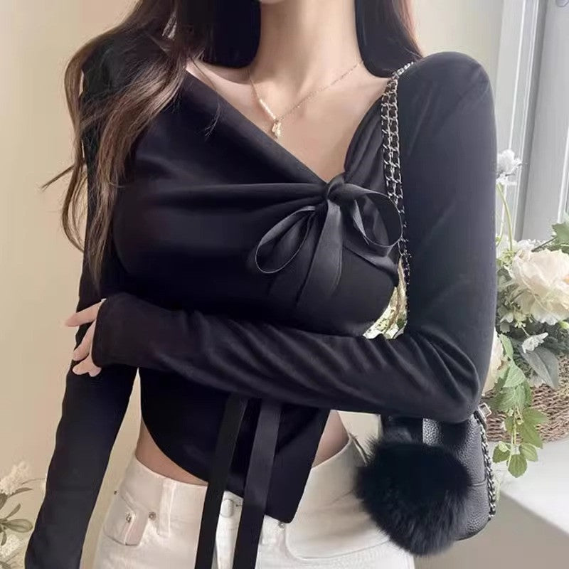 Fashionable Sexy Off-Shoulder Bow-Trimmed Asymmetrical Hem Long-Sleeve Top And Pants Set
