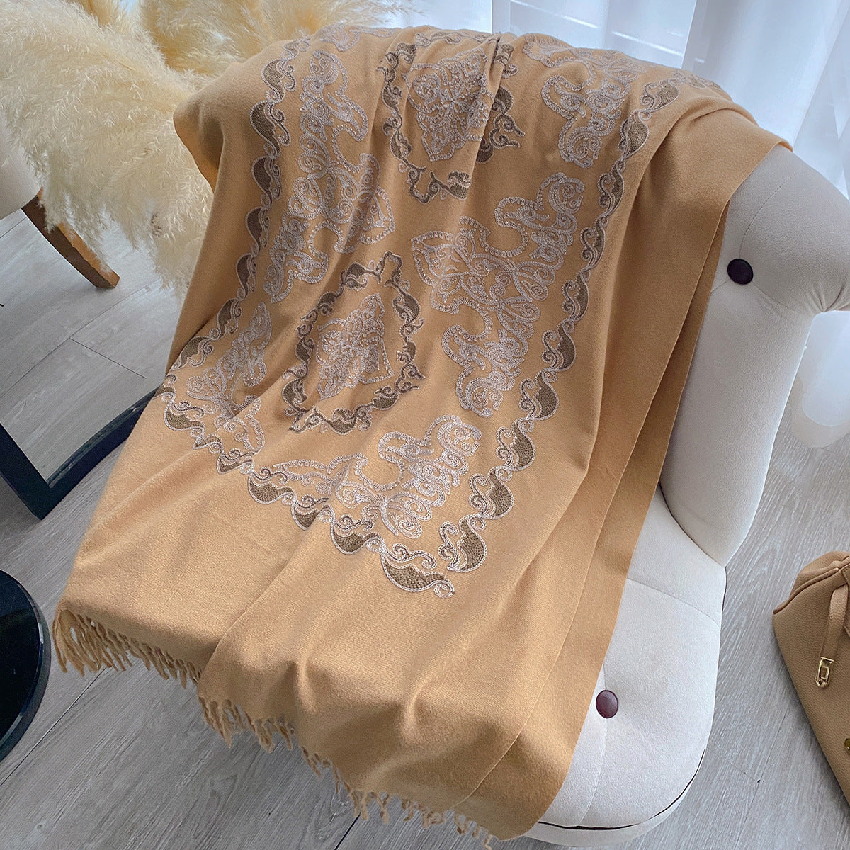 Womens High-End Warm Dual-Use Embroidered Tassel Shawl
