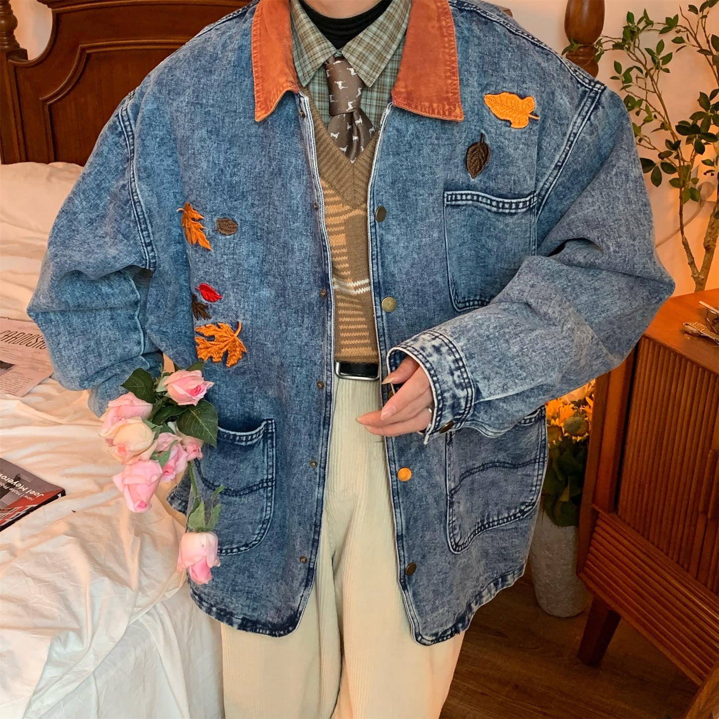 Vintage Maple Leaf Embroidered Washed Do The Old Cowboy Mid-length Coat